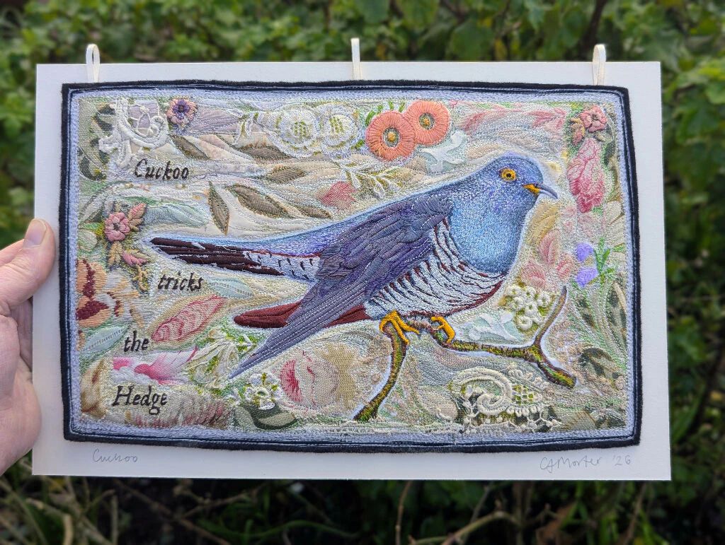 Cuckoo tricks the Hedge - Textile embroidery hanging - Image 3