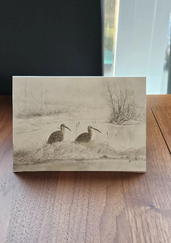 Curlew pair greeting card, A6 size in muted wintry tones