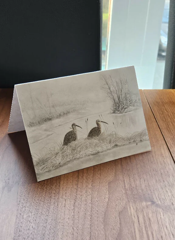 Curlew pair greeting card, A6 size in muted wintry tones - Image 2