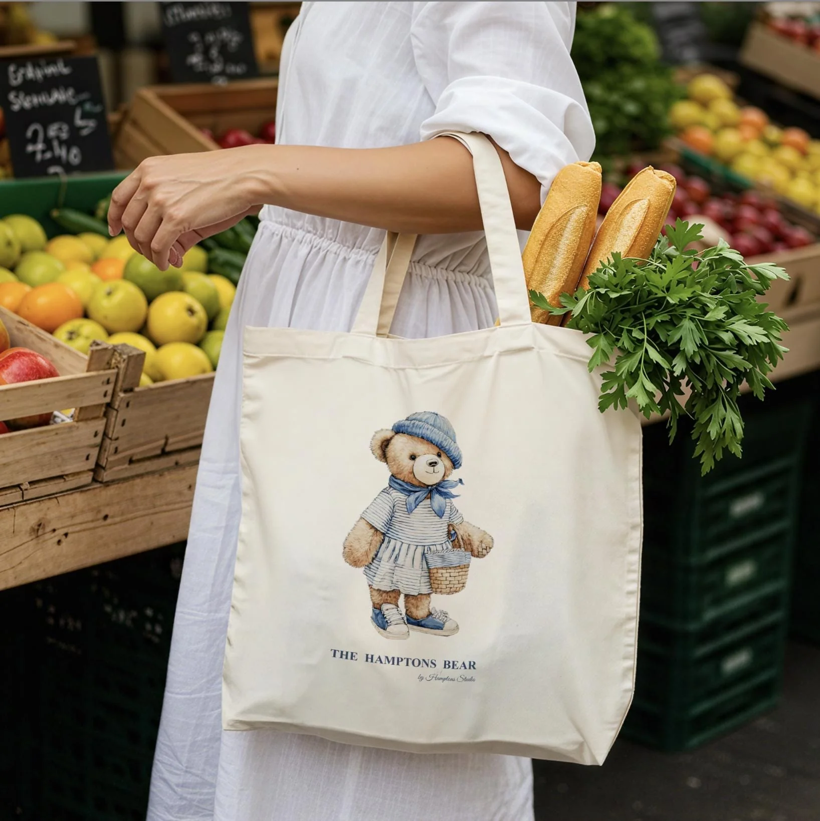 Custom Shopper Bear Cotton Tote, Personalized Vintage Bear Tote - Image 2