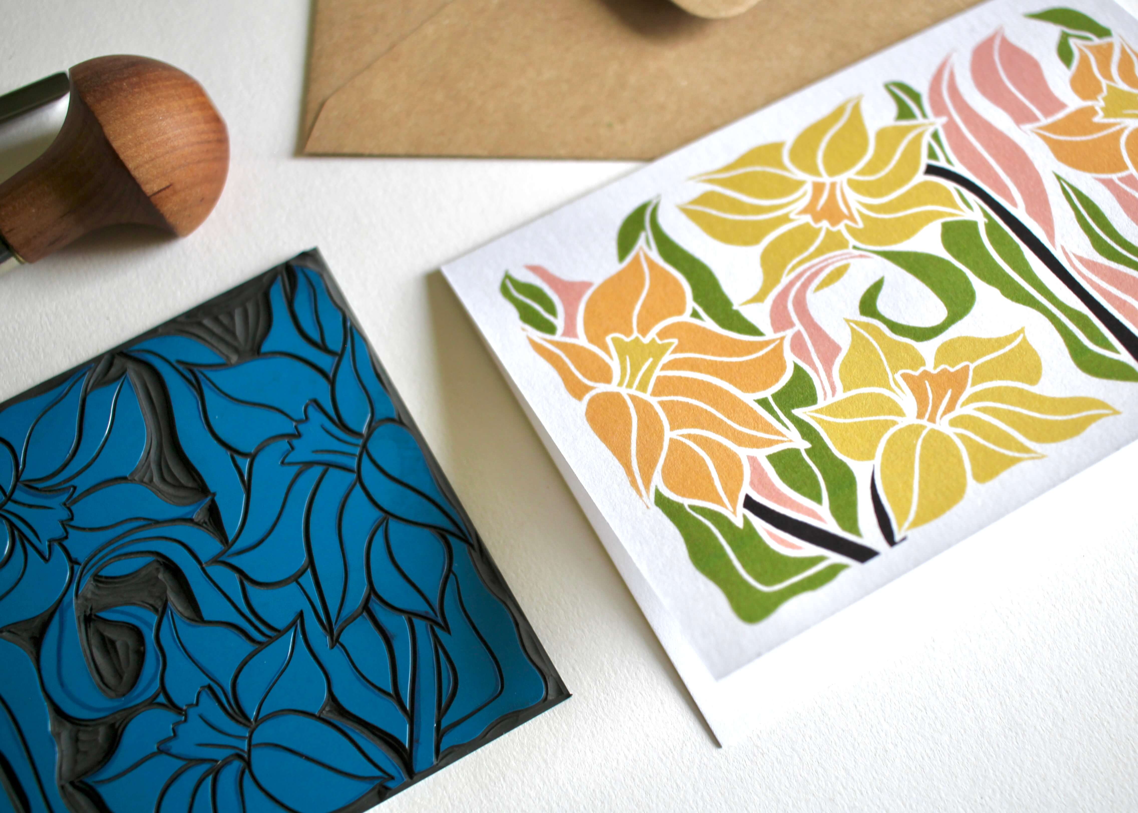 Daffodils Linocut Art Greeting Card | Single Card & Envelope - Image 2