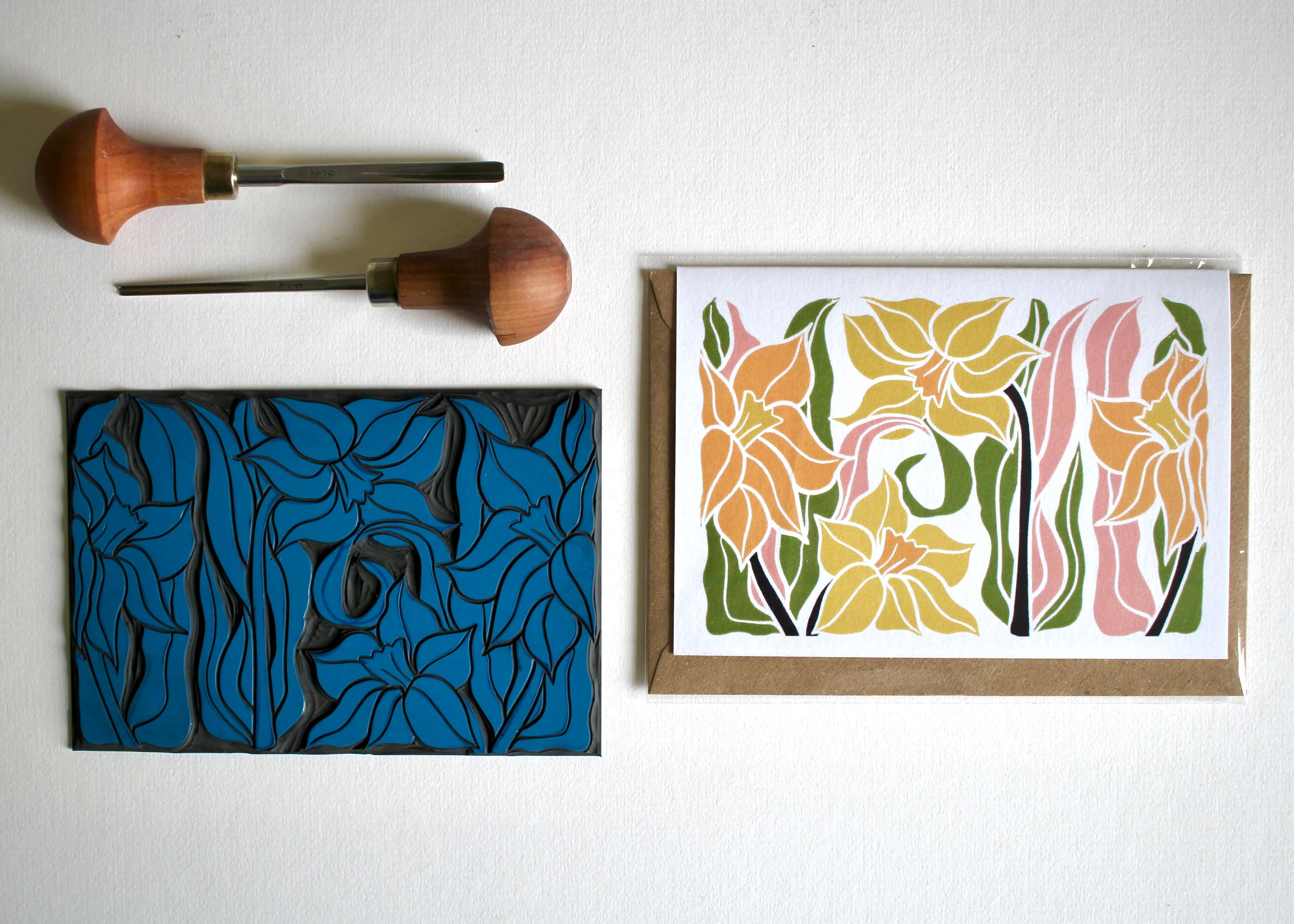 Daffodils Linocut Art Greeting Card | Single Card & Envelope - Image 3