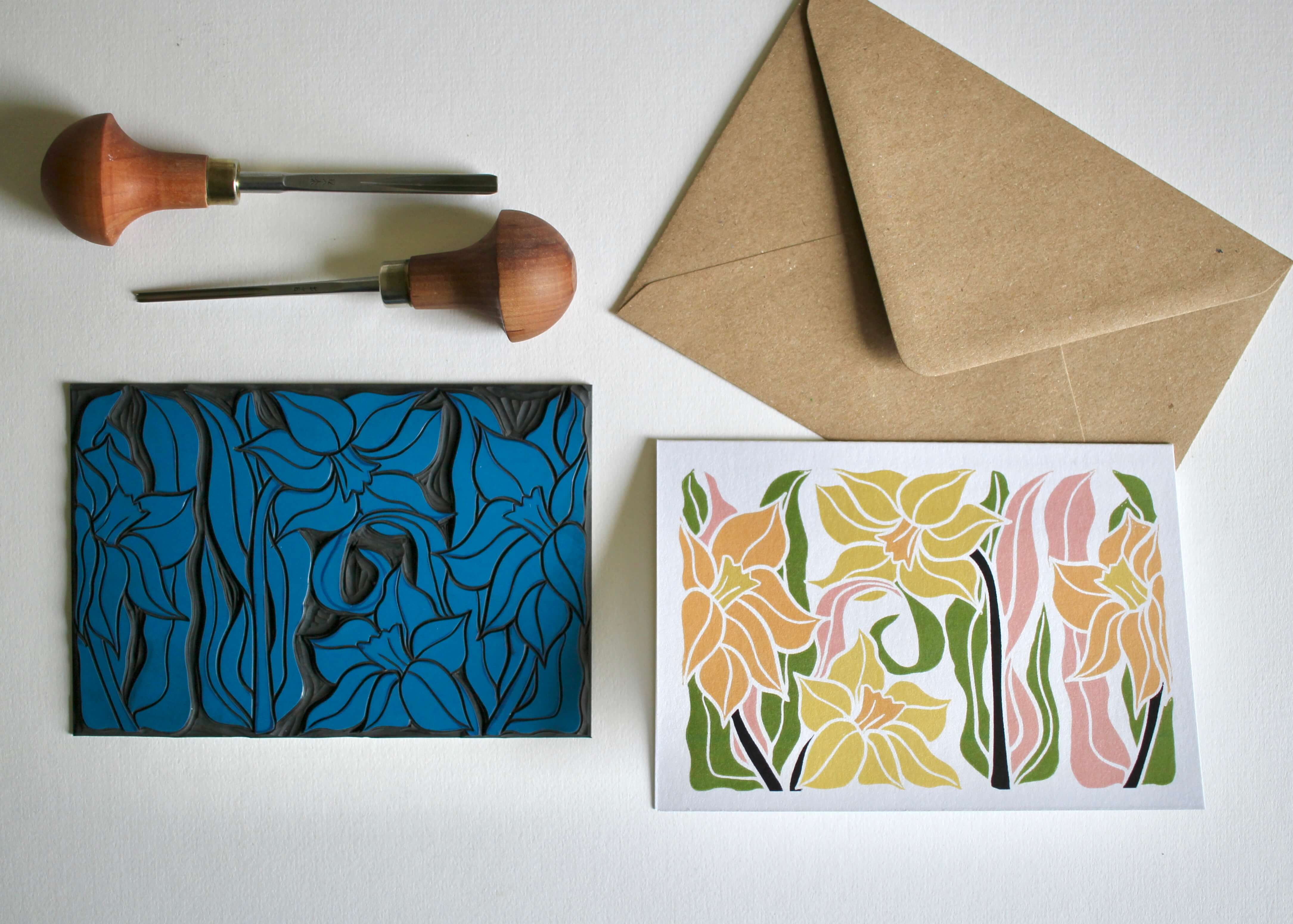 Daffodils Linocut Art Greeting Card | Single Card & Envelope - Image 4