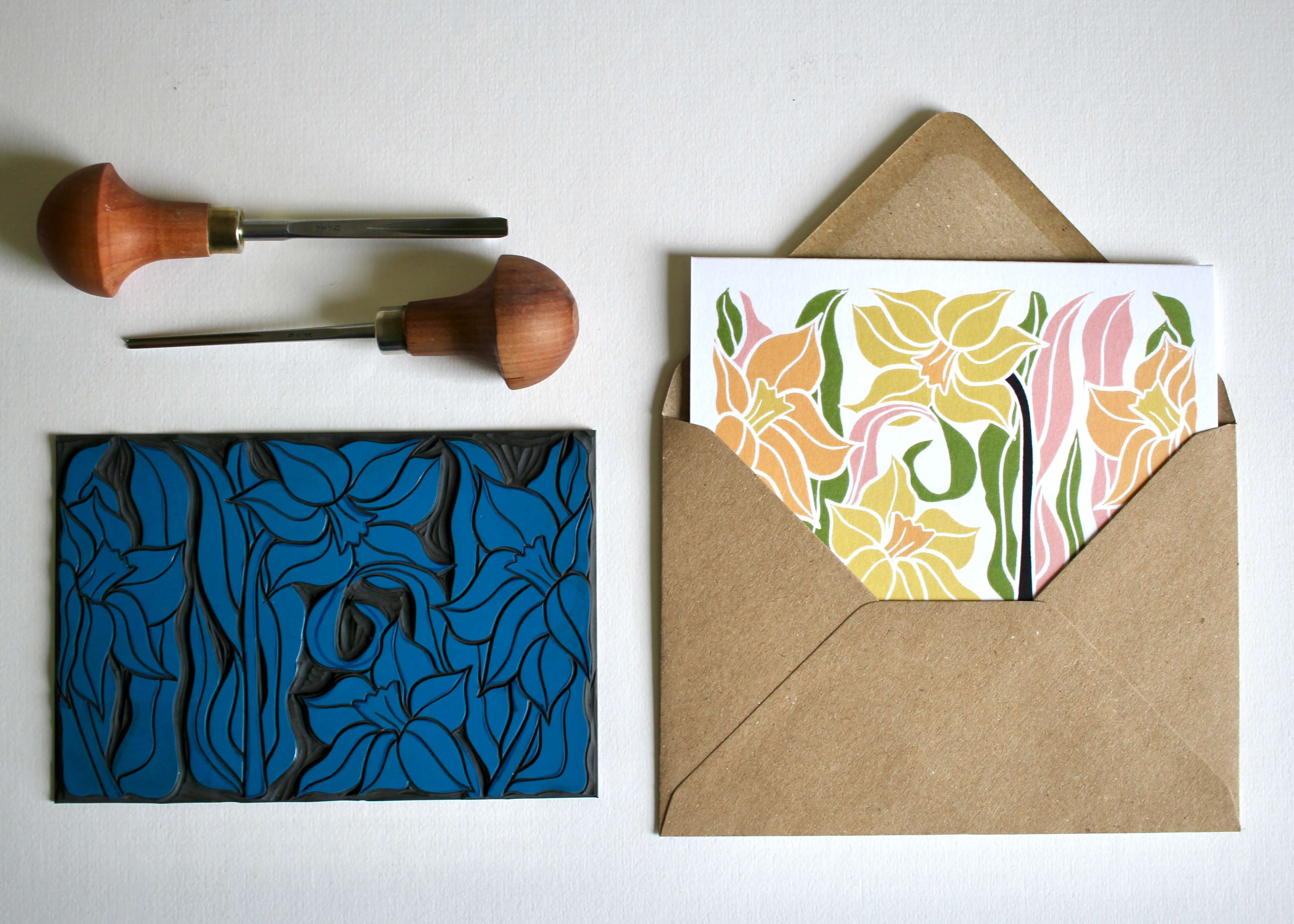 Daffodils Linocut Art Greeting Card | Single Card & Envelope - Image 7