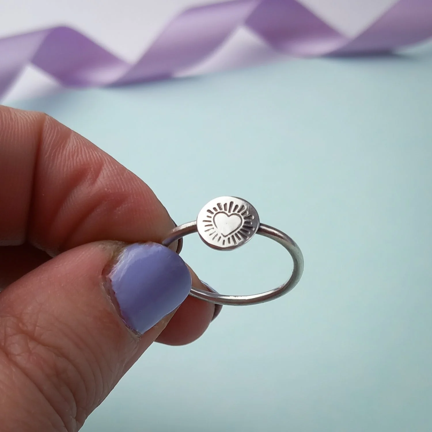 Dainty Sterling Silver Heart Burst Ring – 1.5mm Band - Image 2