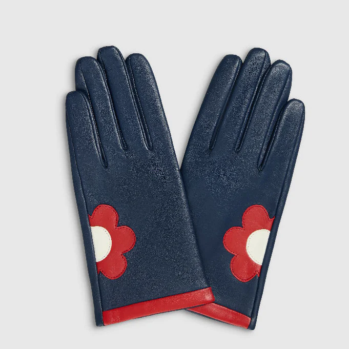 Mabel Sheppard Daisy Leather Gloves in Navy, Red and White - Image 2