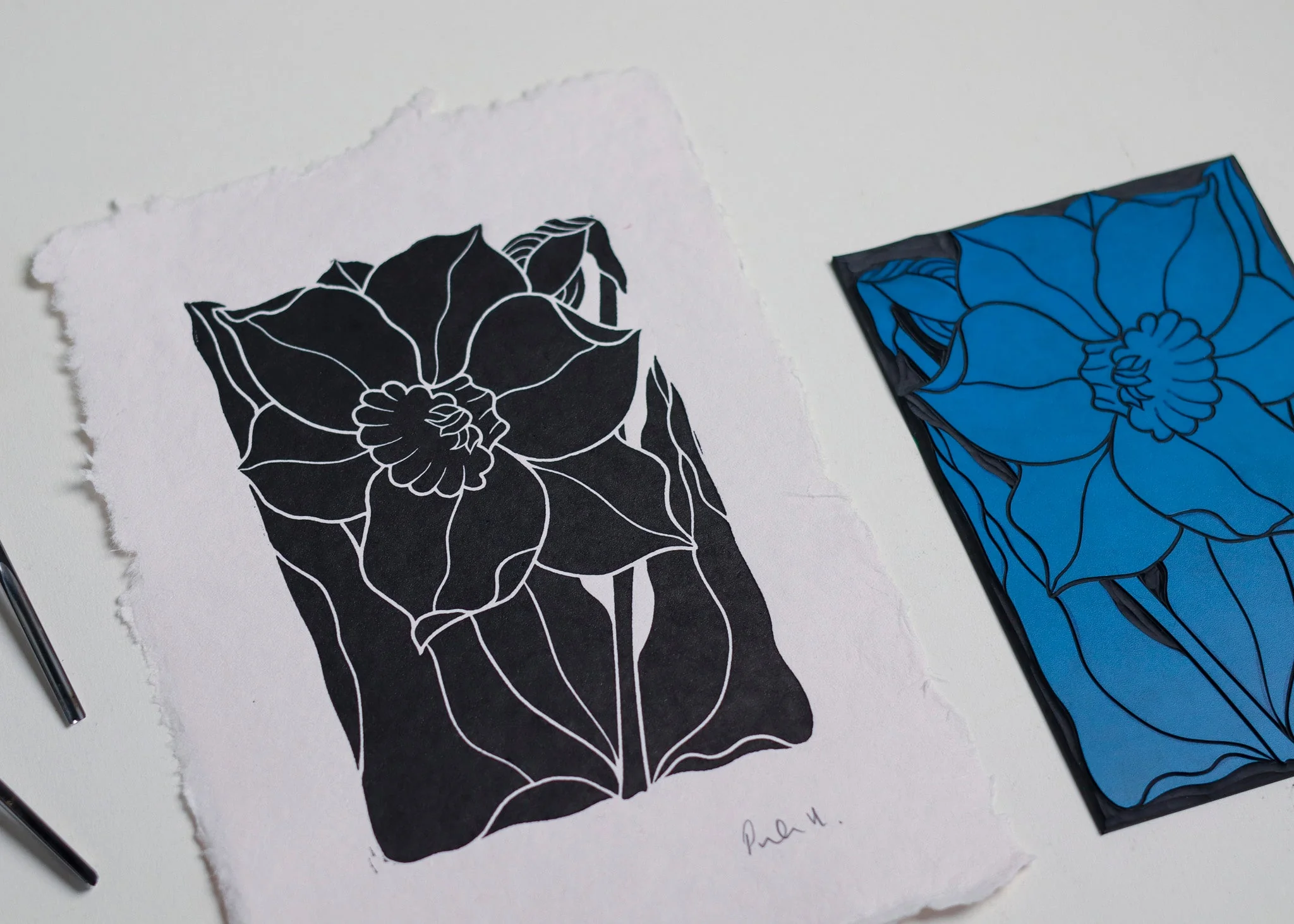 Dancing Daffodil Linocut | Handprinted A5 Art Print on Cotton Rag Paper - Image 2