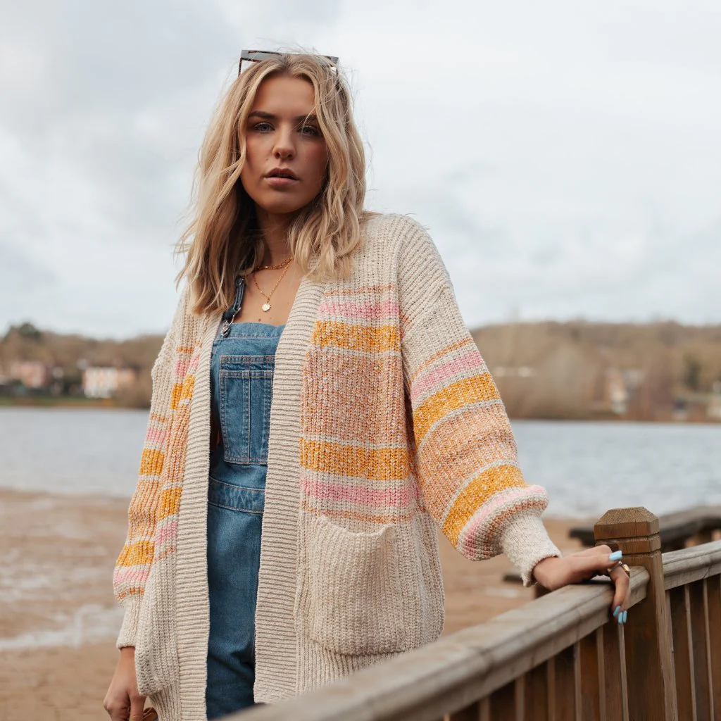 Dani Recycled Cotton Blend Chunky Balloon Sleeve Stripe Cardigan - White - Image 2