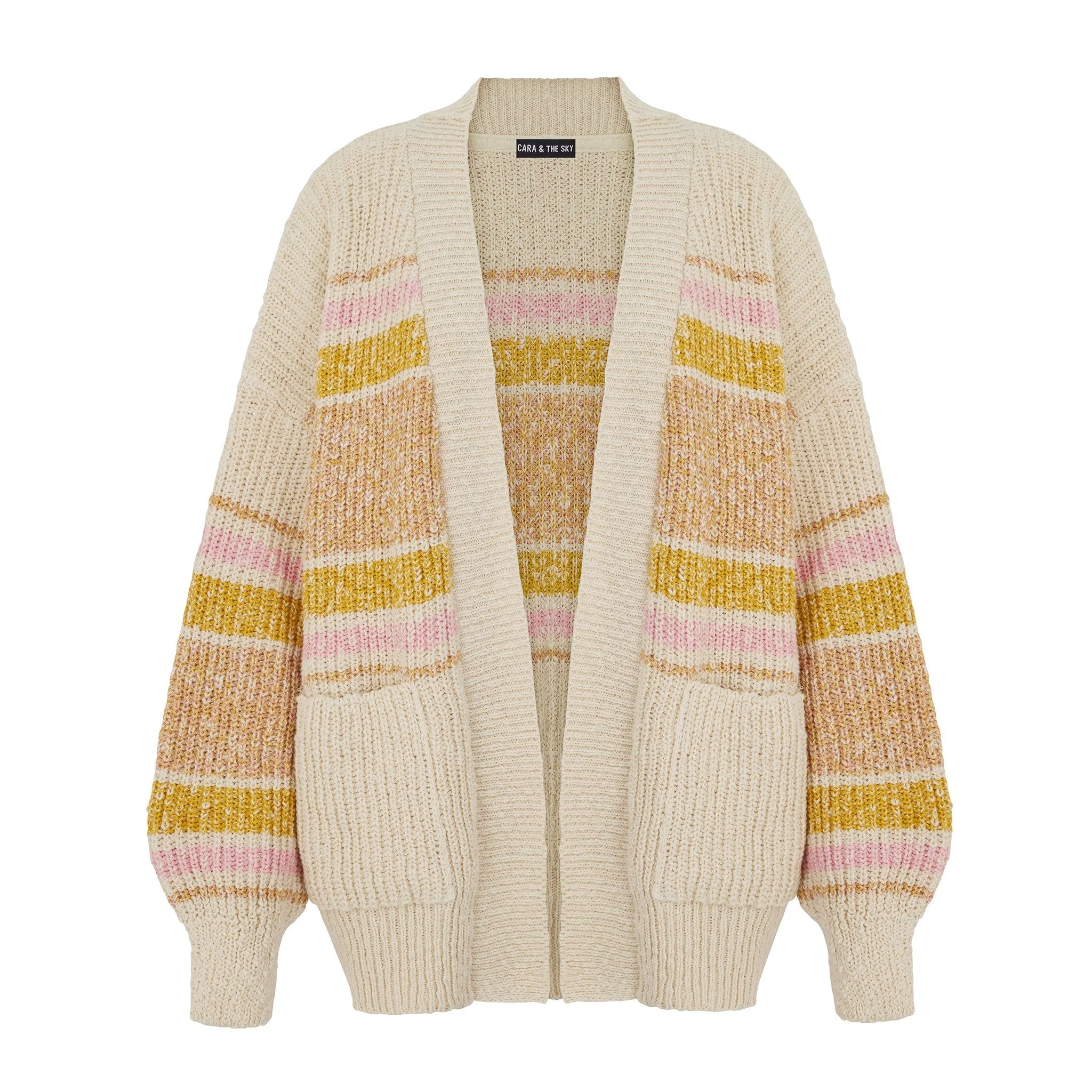 Dani Recycled Cotton Blend Chunky Balloon Sleeve Stripe Cardigan - White - Image 3
