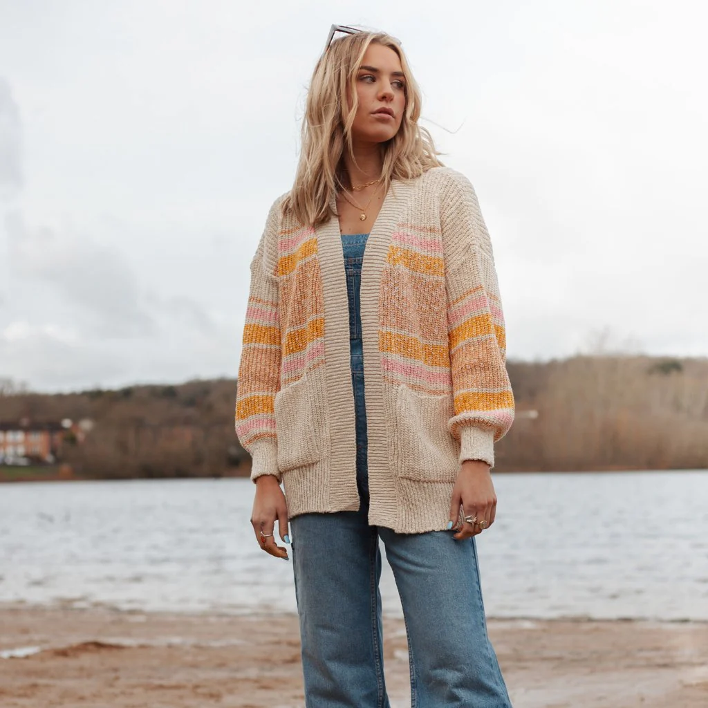 Dani Recycled Cotton Blend Chunky Balloon Sleeve Stripe Cardigan - White - Image 4