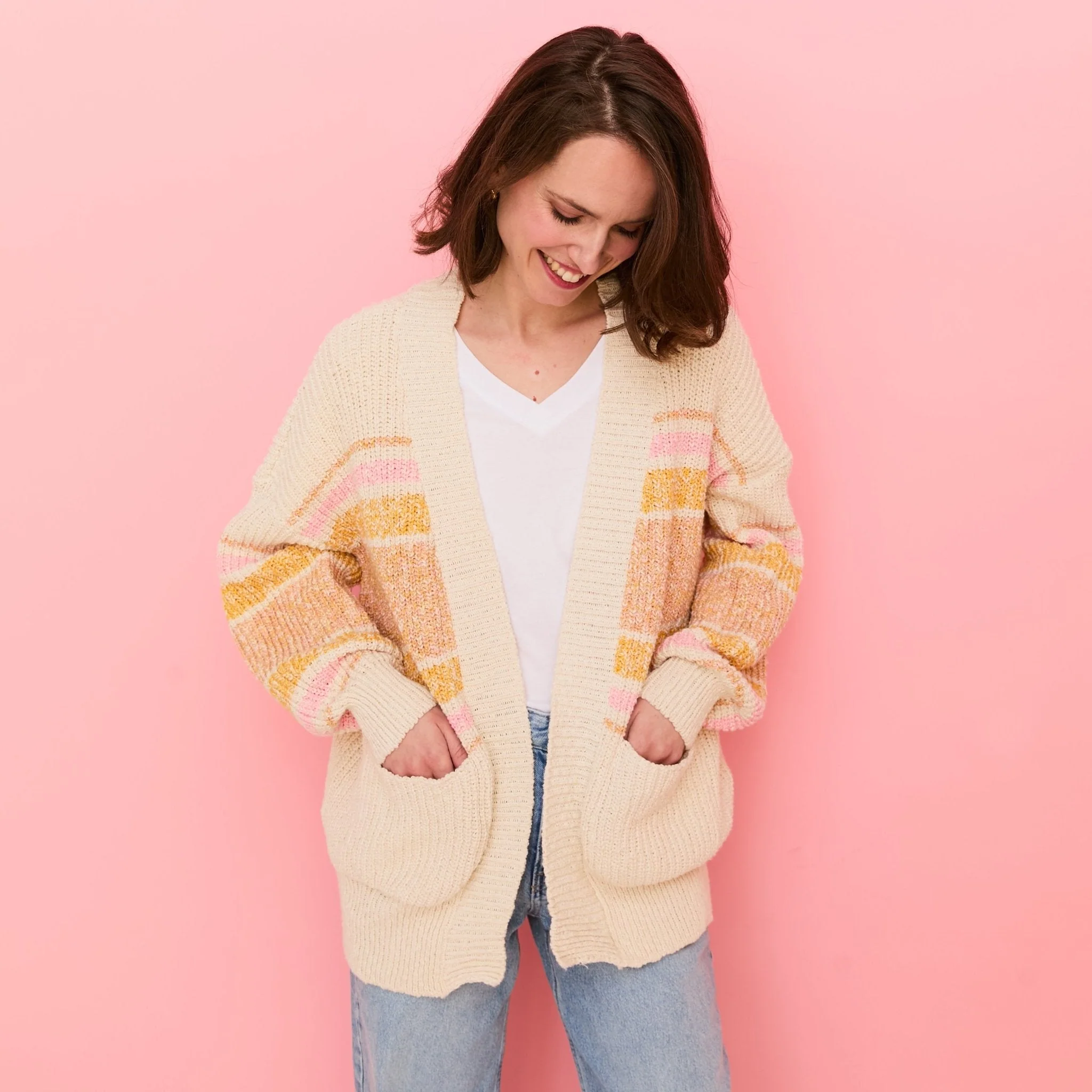 Dani Recycled Cotton Blend Chunky Balloon Sleeve Stripe Cardigan - White - Image 5