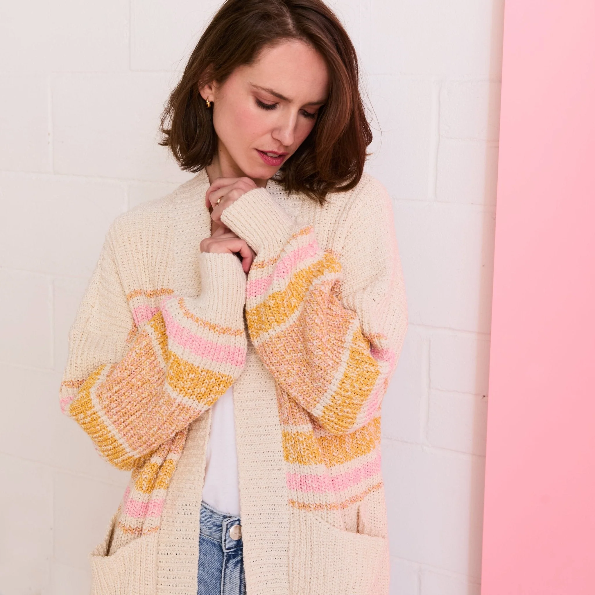 Dani Recycled Cotton Blend Chunky Balloon Sleeve Stripe Cardigan - White - Image 9