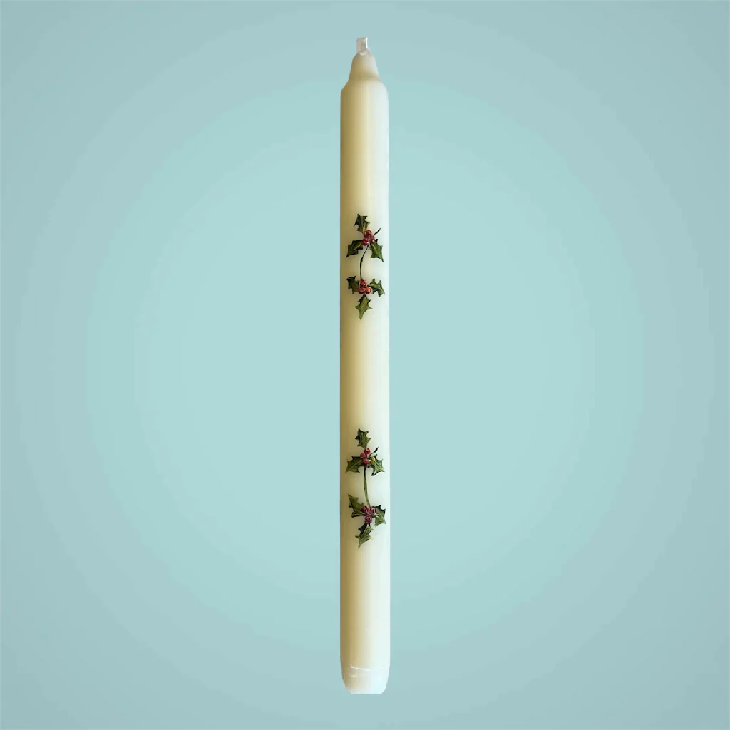 December Birth Flower Candle - Hand Painted Holly Candle with Gold Coloured Metal Holder