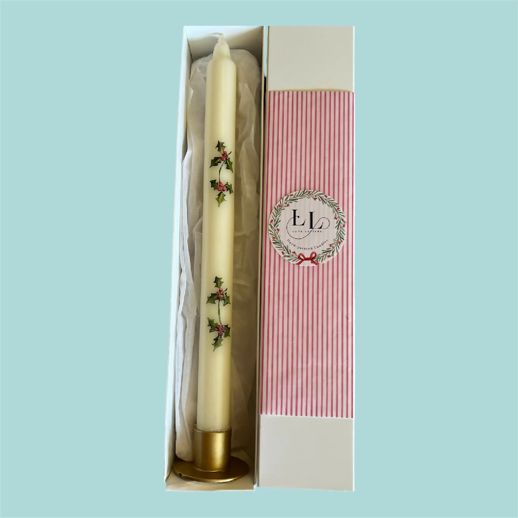 December Birth Flower Candle - Hand Painted Holly Candle with Gold Coloured Metal Holder - Image 4