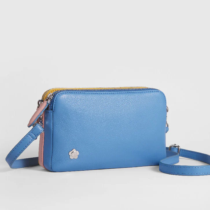 Mabel Sheppard Double Zip Blue Yellow Pink Multi Way Leather Bag
