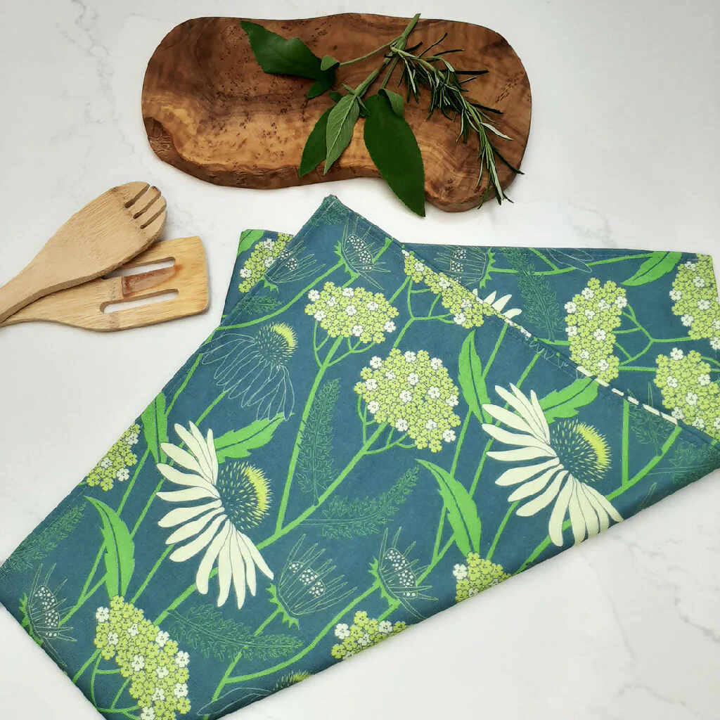 Echinacea pattern tea towel in blue