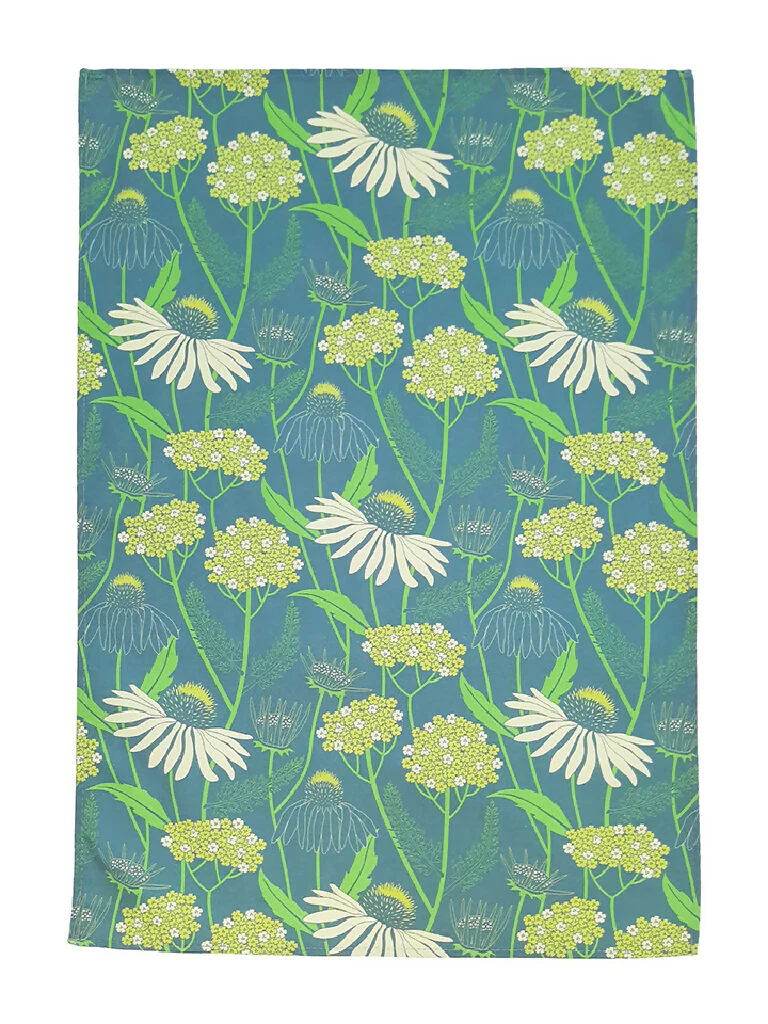 Echinacea pattern tea towel in blue - Image 3