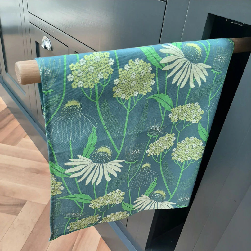 Echinacea pattern tea towel in blue - Image 4