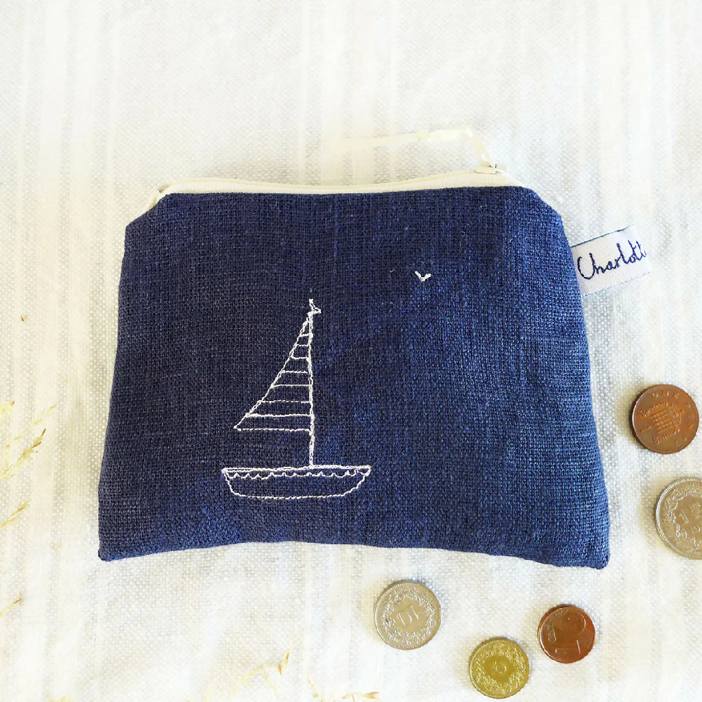 Embroidered Ink Linen Boats Purse - Image 2