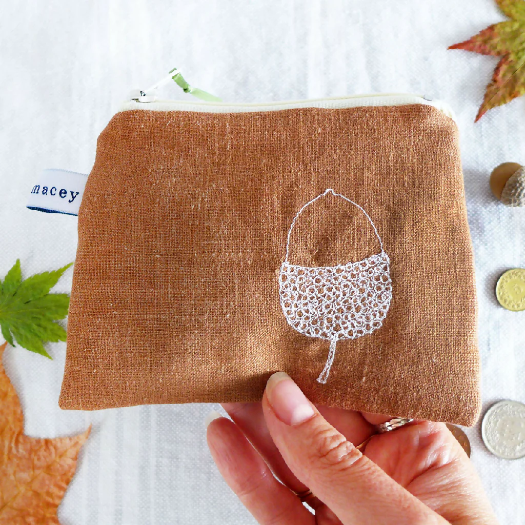 Embroidered Nutmeg Linen Acorn Purse - Image 2