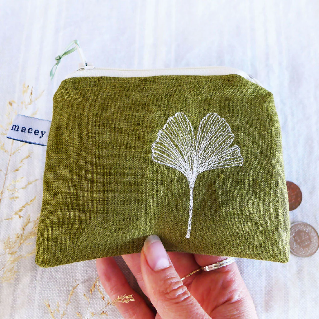 Embroidered Olive Linen Ginkgo Leaf Purse