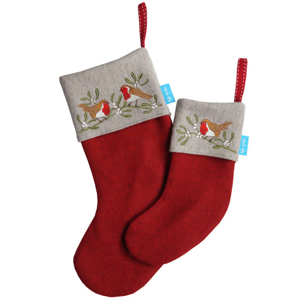 Embroidered Robin and Mistletoe Christmas Stocking - Image 3