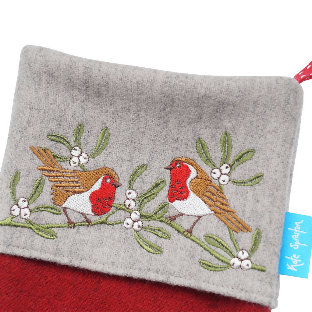 Embroidered Robin and Mistletoe Christmas Stocking - Image 5