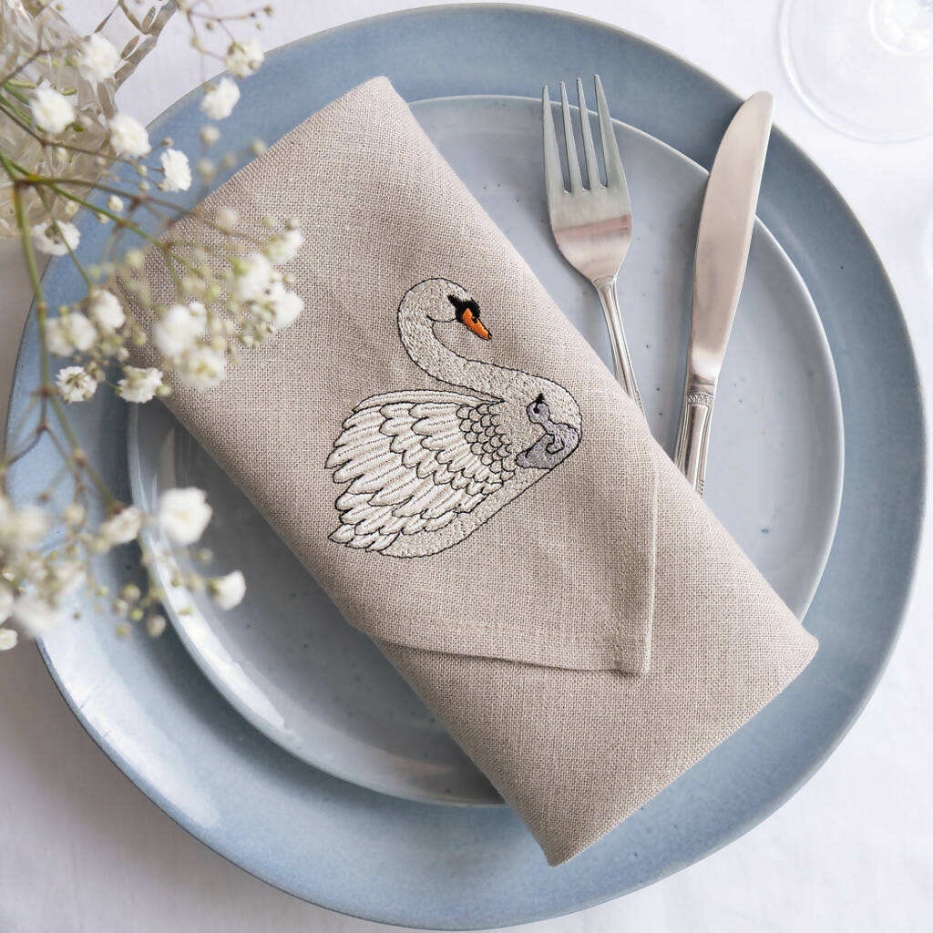 Embroidered Set of Two Swan Napkins - Image 4