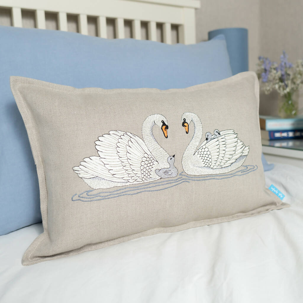 Embroidered Swan Family Cushion - Image 5