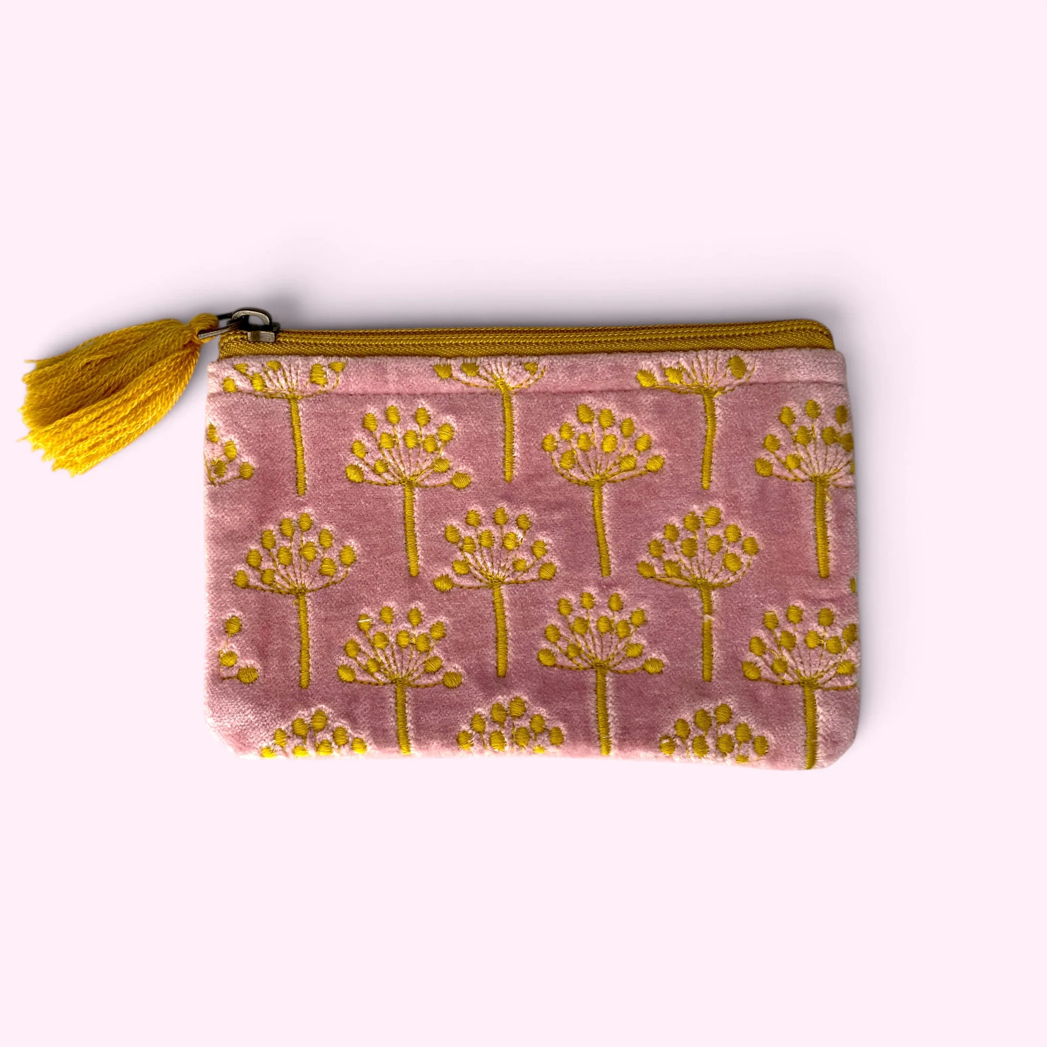 Embroidered Velvet Coin Purse | Allium seedhead flowers in pale pink