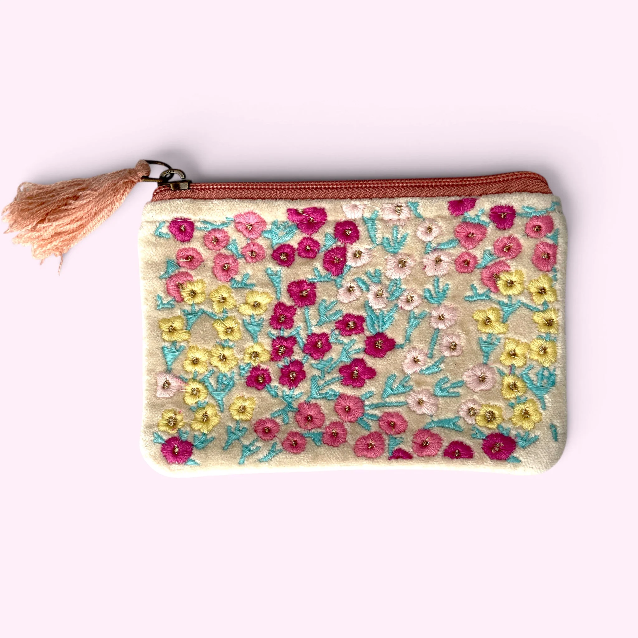 Embroidered Velvet Coin Purse | Ditsy Floral in Cream and Pastels