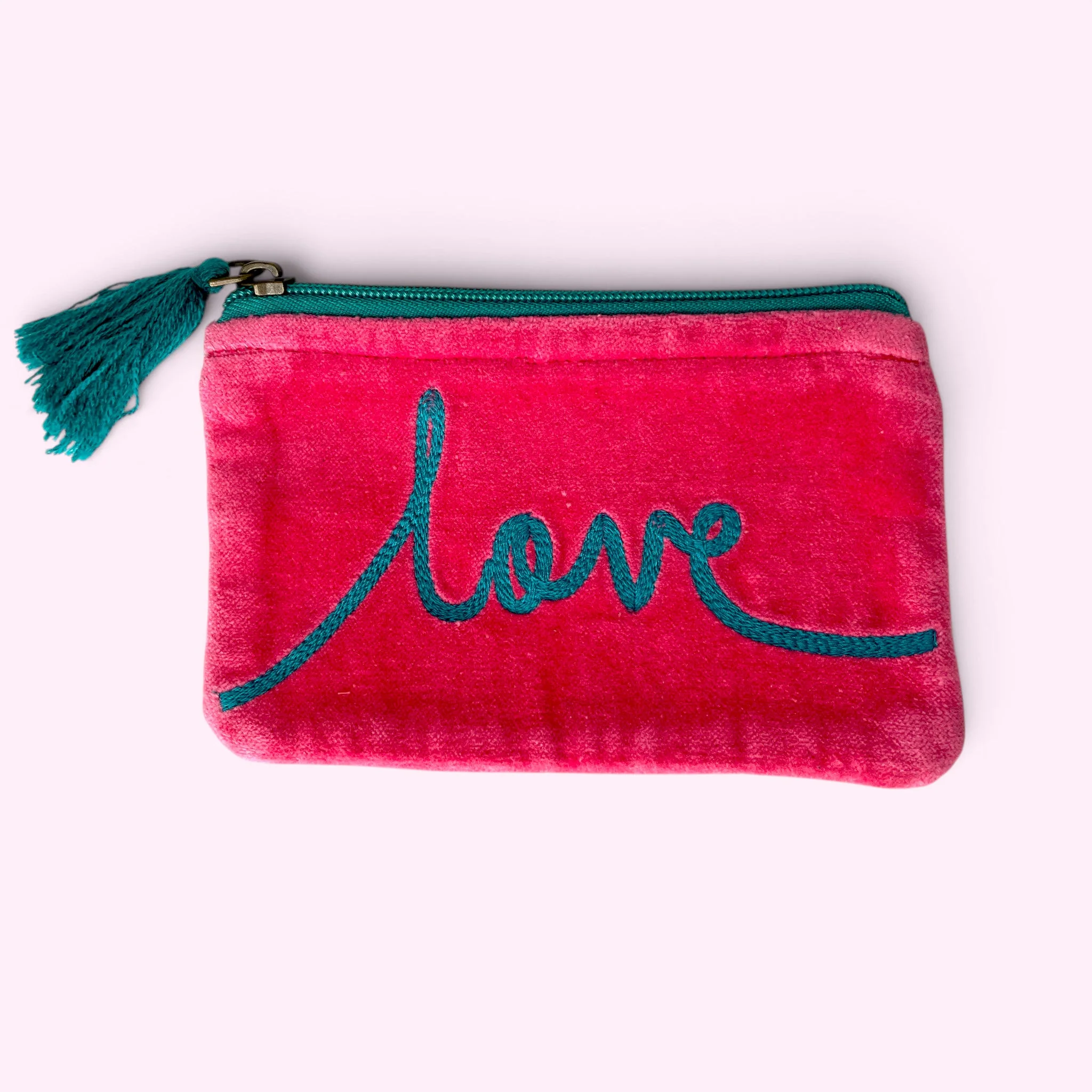Embroidered Velvet Coin Purse | Love in Pink and Teal