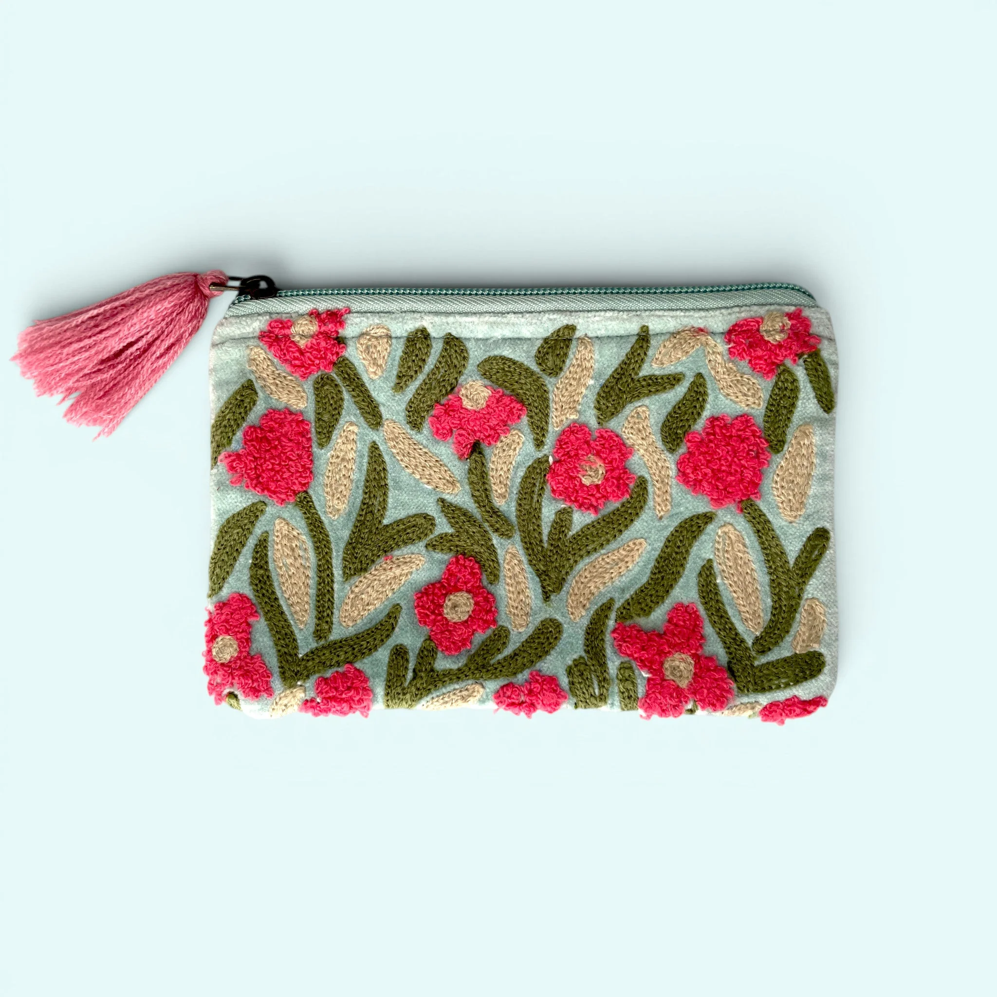Embroidered Velvet Coin Purse | Pale Blue Garden Floral Design