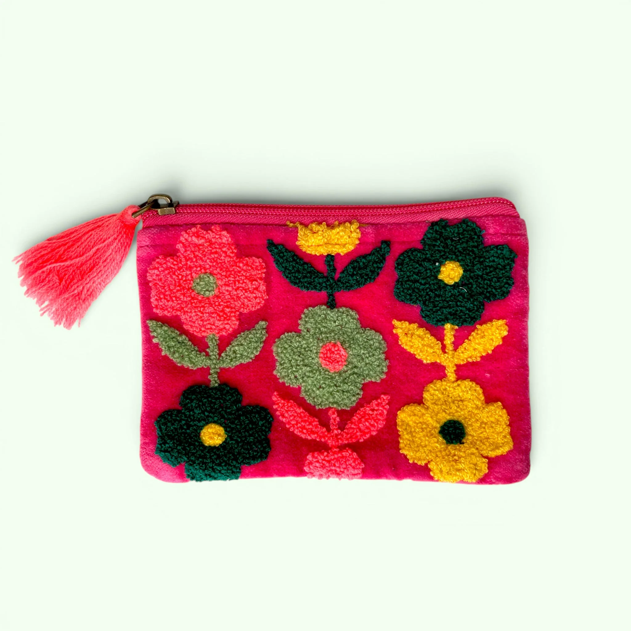 Embroidered Velvet Coin Purse | Pop Floral in Bright Pink