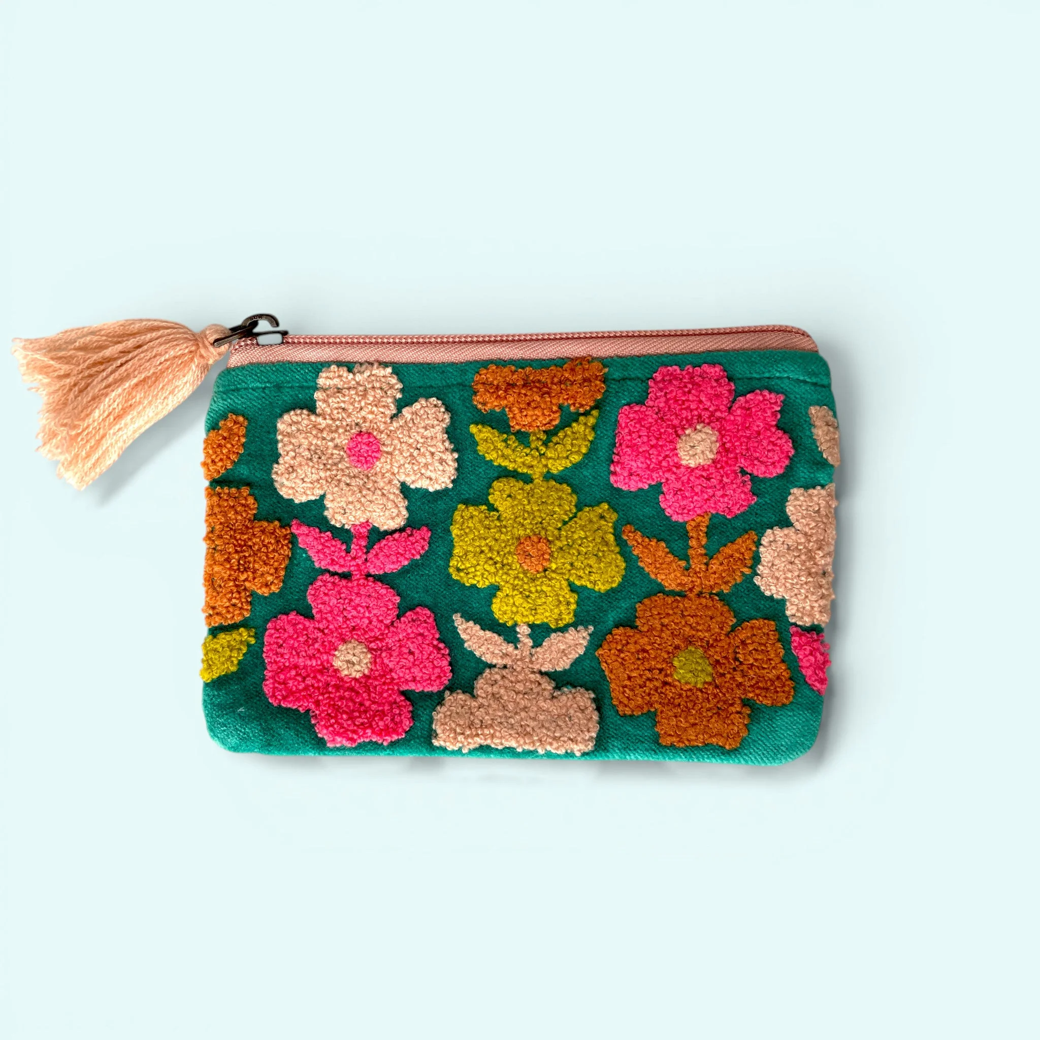 Embroidered Velvet Coin Purse | Pop Floral in Turquoise and Pink