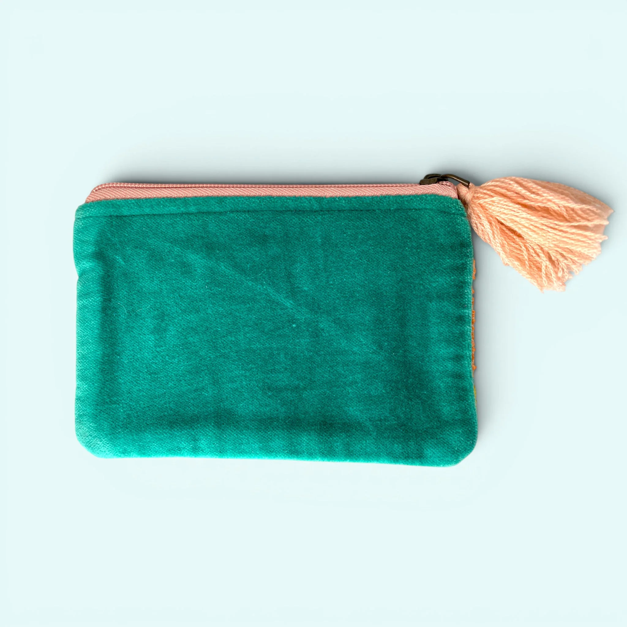 Embroidered Velvet Coin Purse | Pop Floral in Turquoise and Pink - Image 2