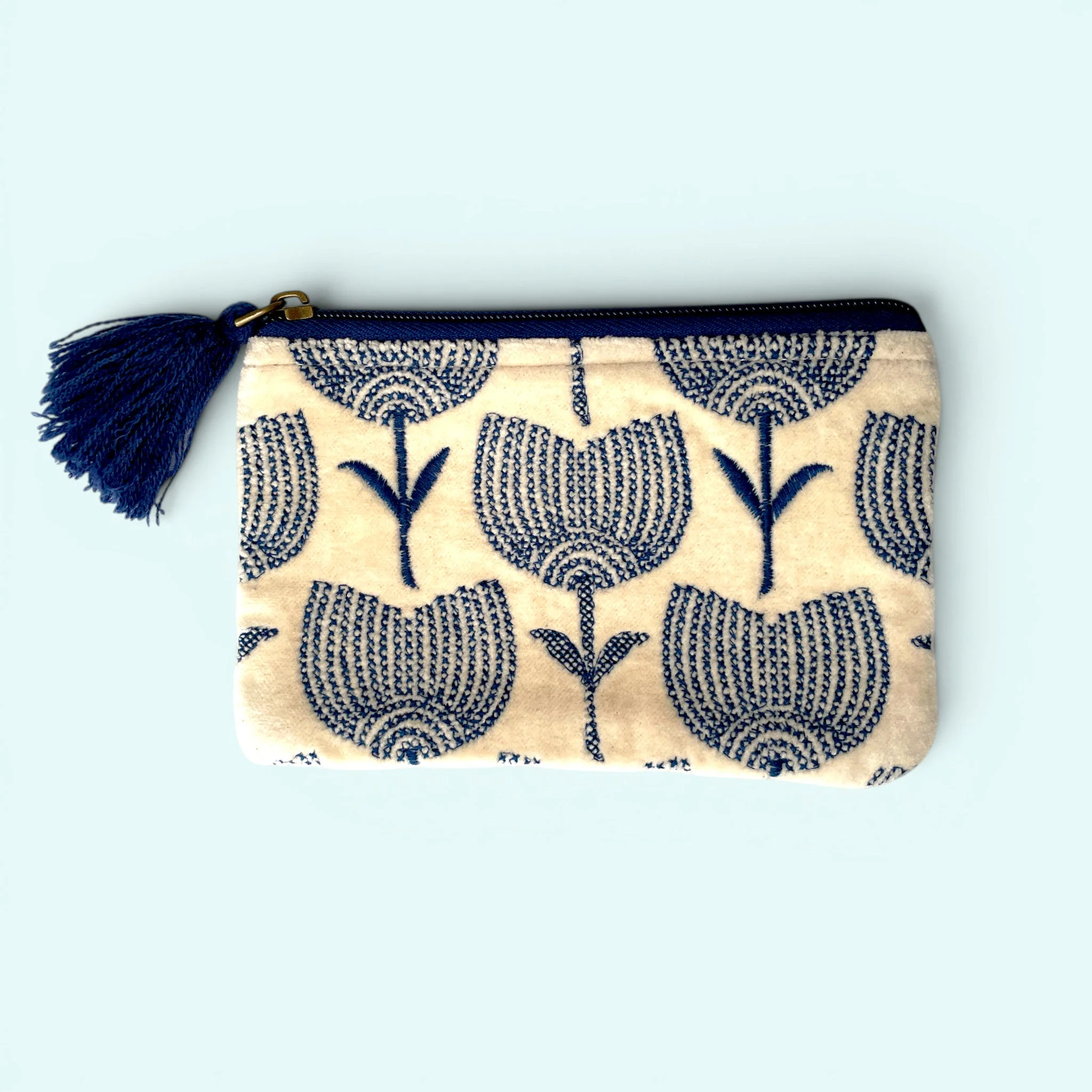 Embroidered Velvet Coin Purse | Tulip flowers in Cream and Blue