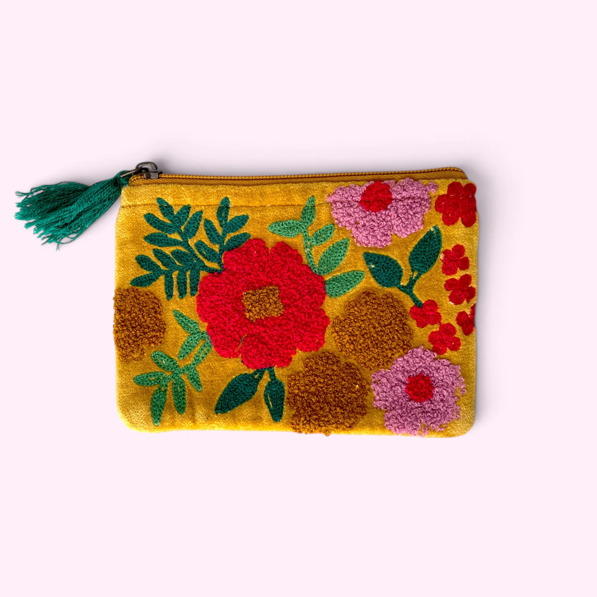Embroidered Velvet Coin Purse | Yellow Floral