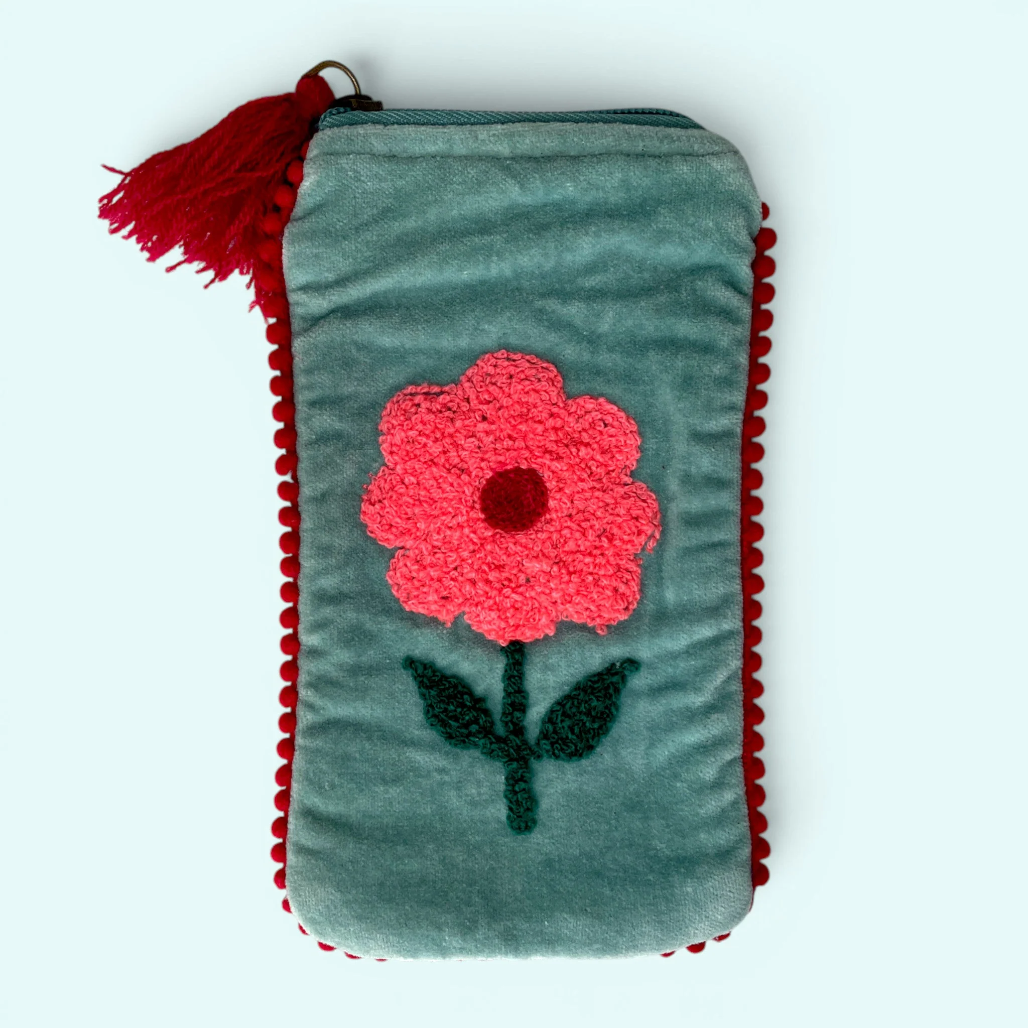Embroidered Velvet Glasses Case | Pale Blue flower - Image 2