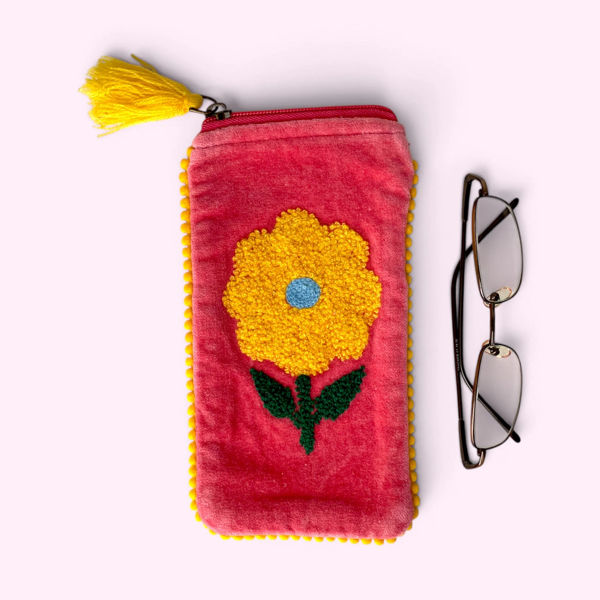 Embroidered Velvet Glasses Case | Pink Sunflower