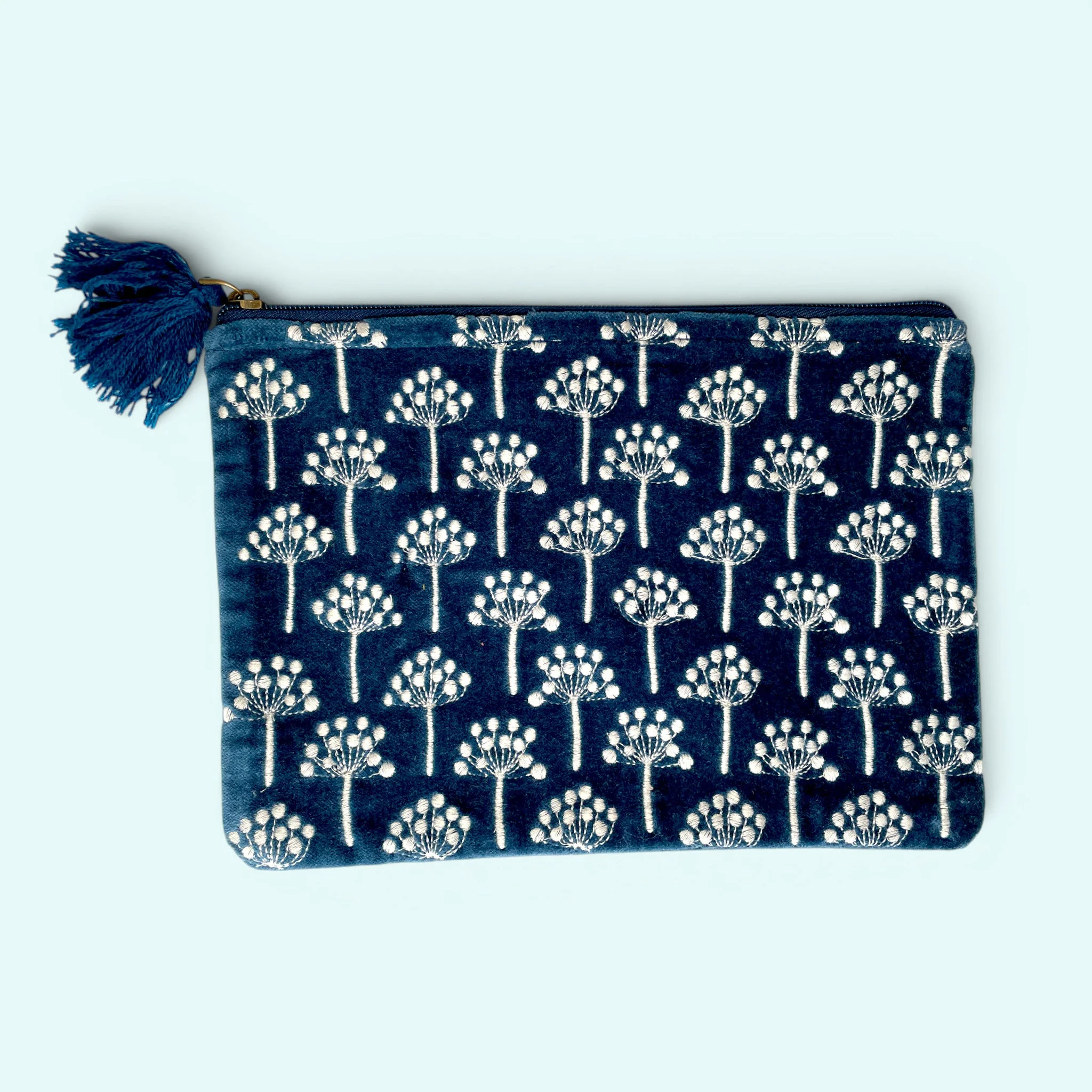 Embroidered Velvet Make Up Bag | Everyday Pouch | Allium Seedhead Floral in Navy Blue