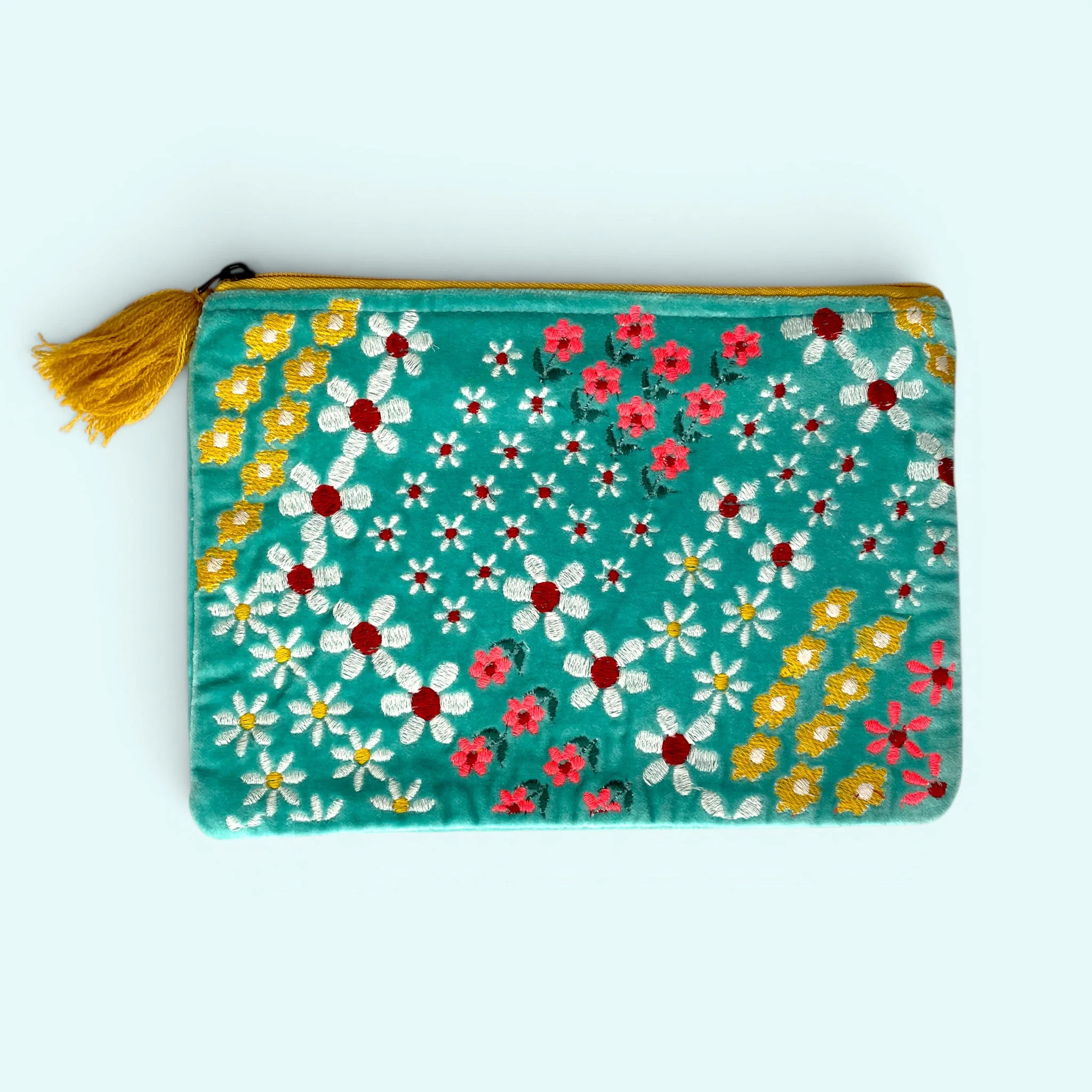 Embroidered Velvet Make Up Bag | Everyday Pouch | Daisy Floral in Turquoise