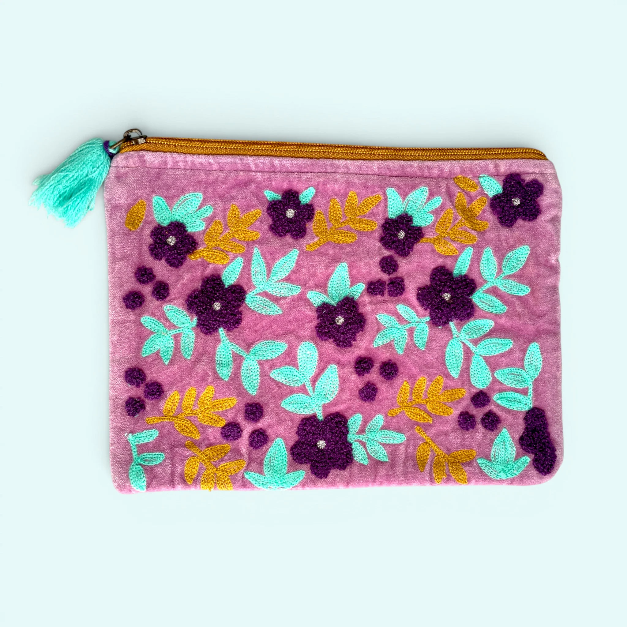 Embroidered Velvet Make Up Bag | Everyday Pouch | Lilac and Mint Garden Floral