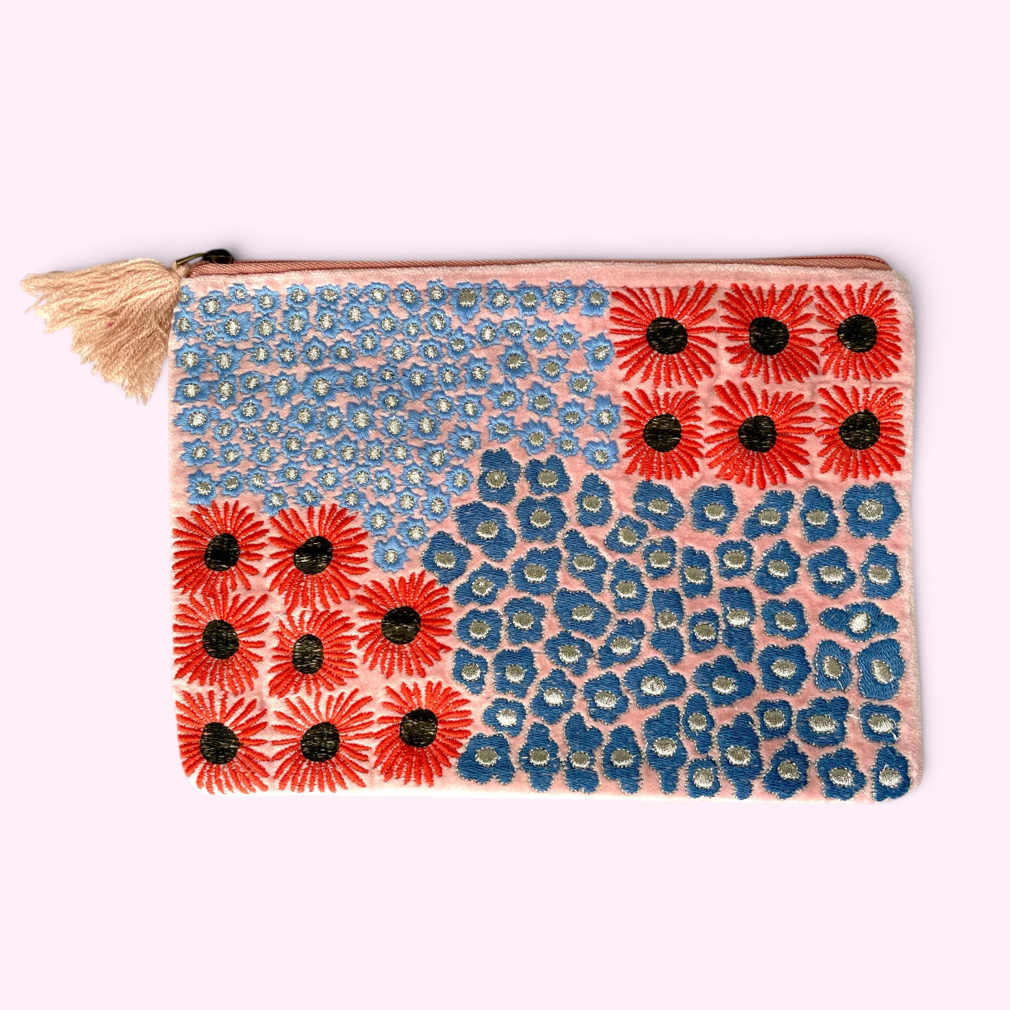 Embroidered Velvet Make Up Bag | Everyday Pouch | Mini Flowers Pale Pink and Blue