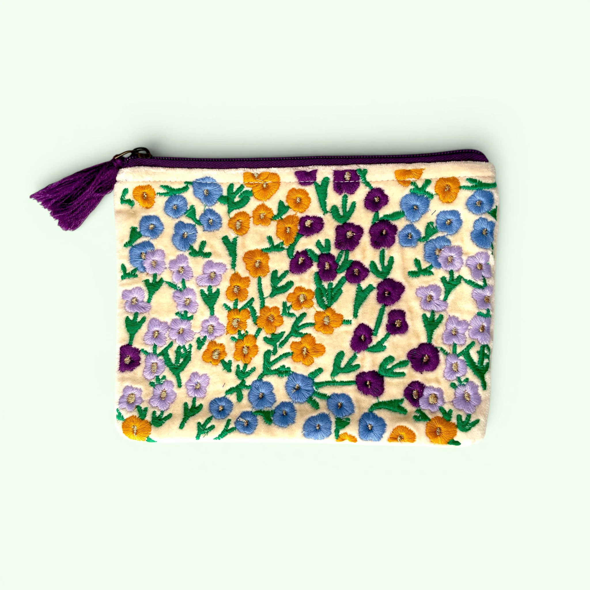 Embroidered Velvet Mini Pouch | Ditsy Garden Floral in Cream and Purples