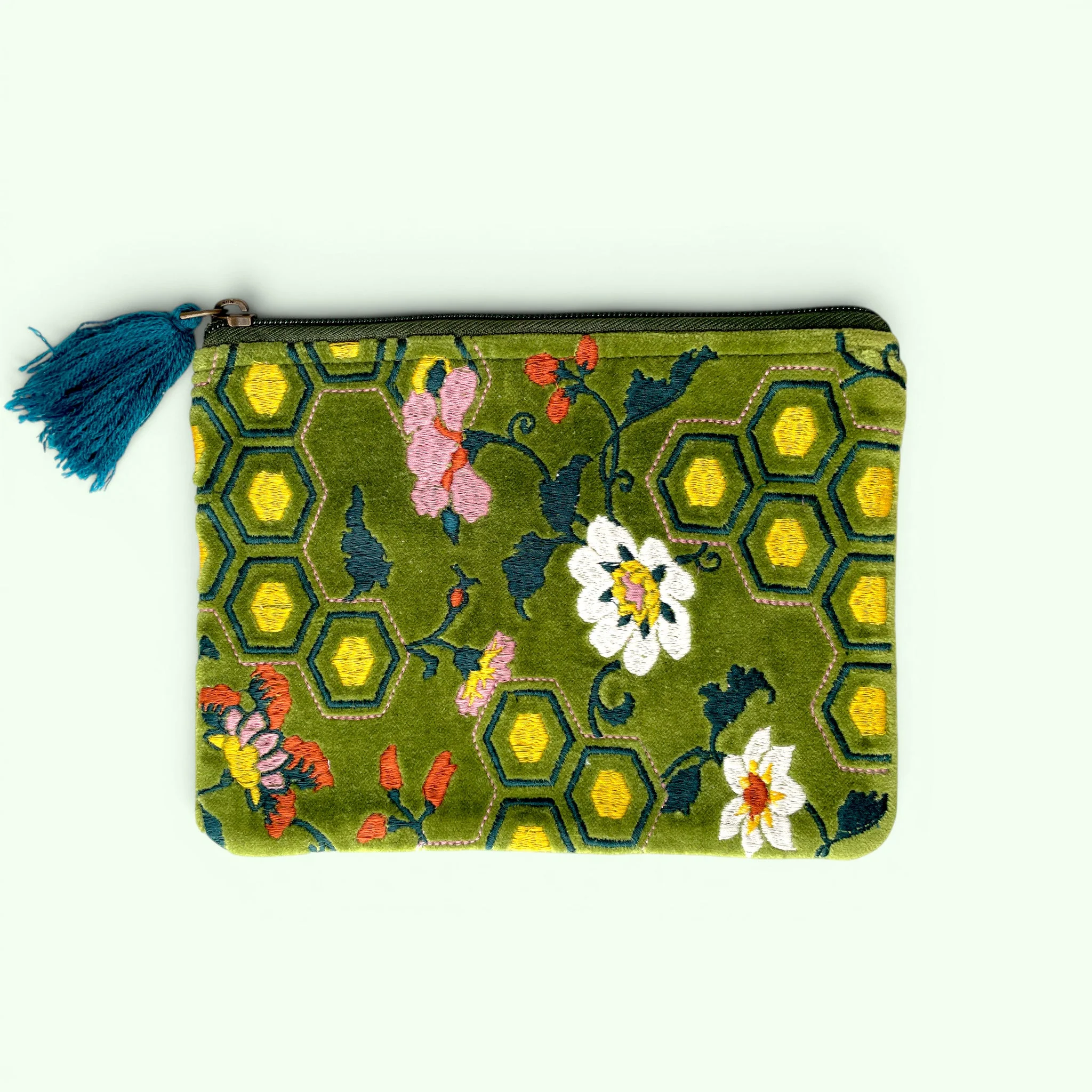 Embroidered Velvet Mini Pouch | Green Floral