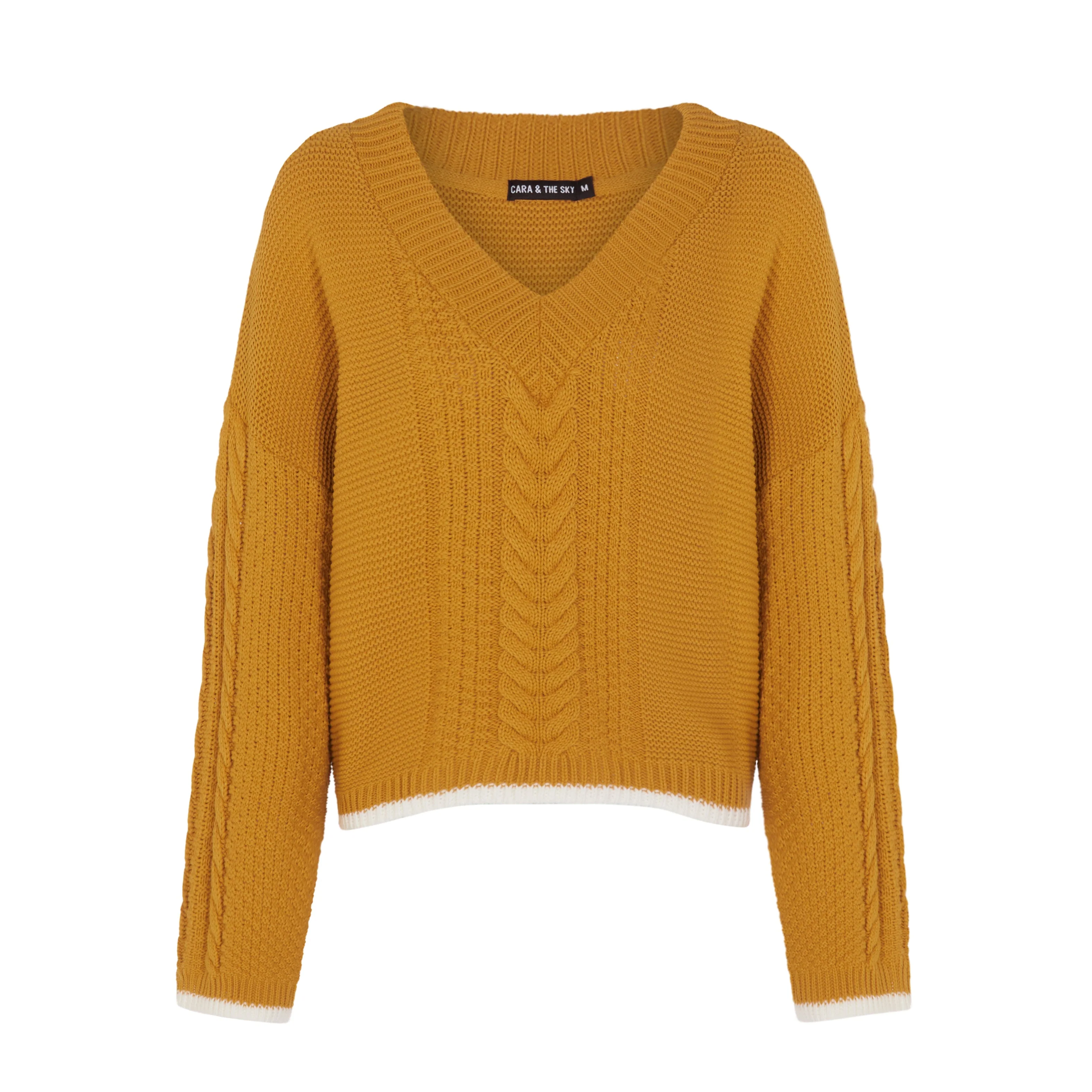Emma V Neck Cable Jumper - Mustard - Image 2