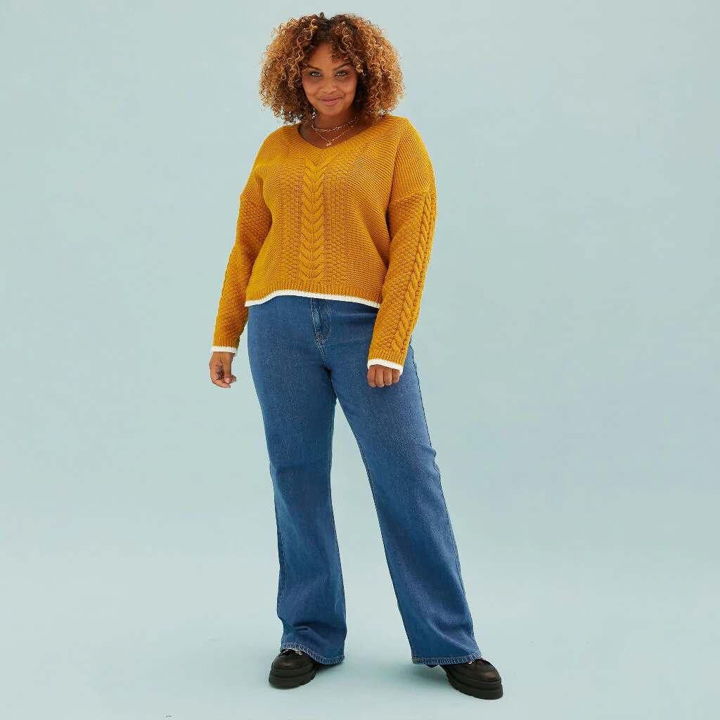 Emma V Neck Cable Jumper - Mustard - Image 3
