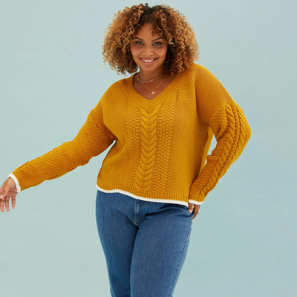 Emma V Neck Cable Jumper - Mustard - Image 4