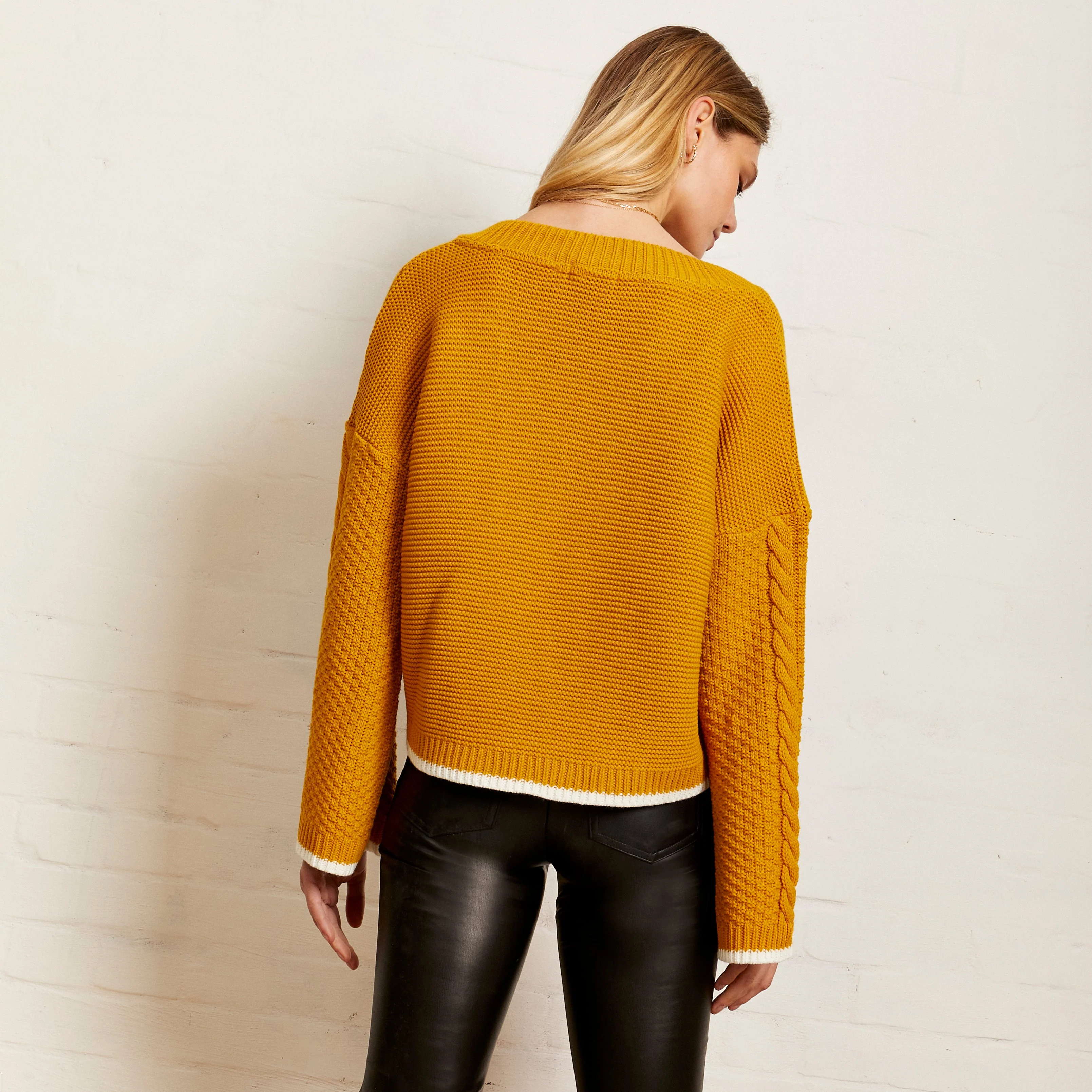 Emma V Neck Cable Jumper - Mustard - Image 7